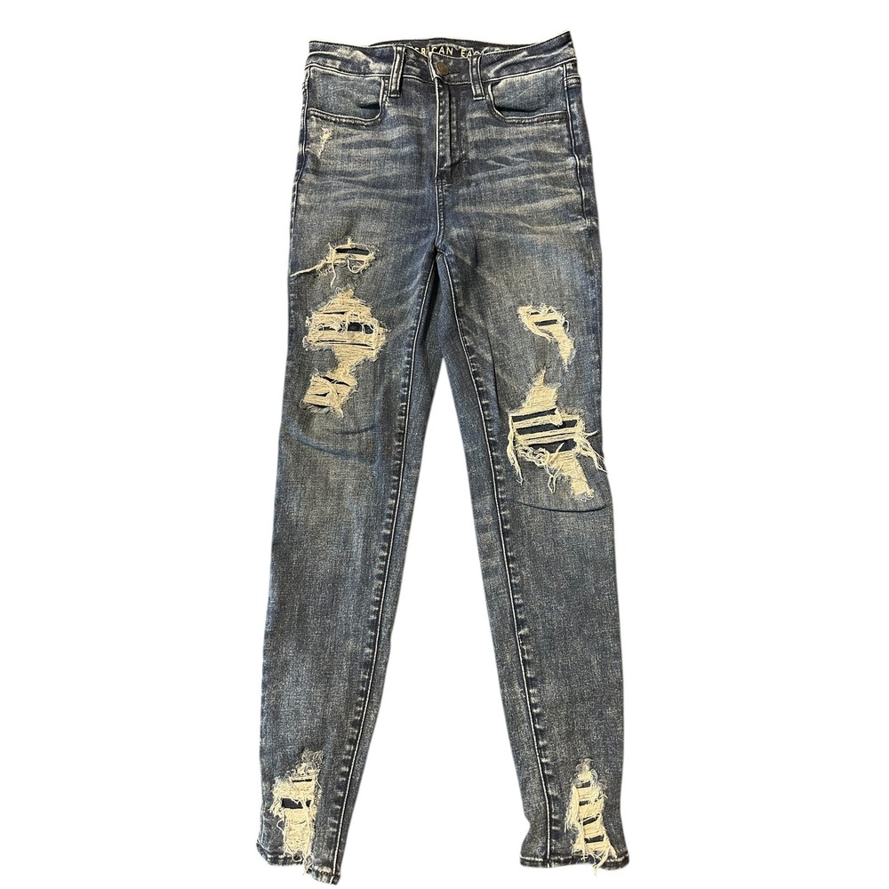 American Eagle Super Hi-Rise Jegging Crop Distressed Ripped Blue Wash Denim Jean